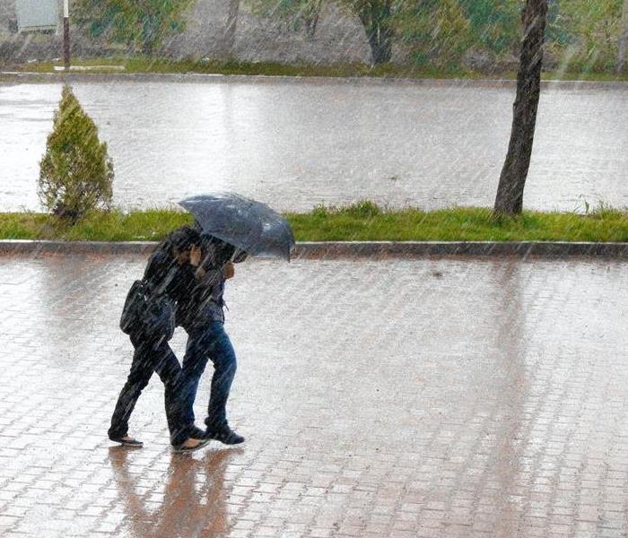 A couple walking under an umbrella next to a river in the rain