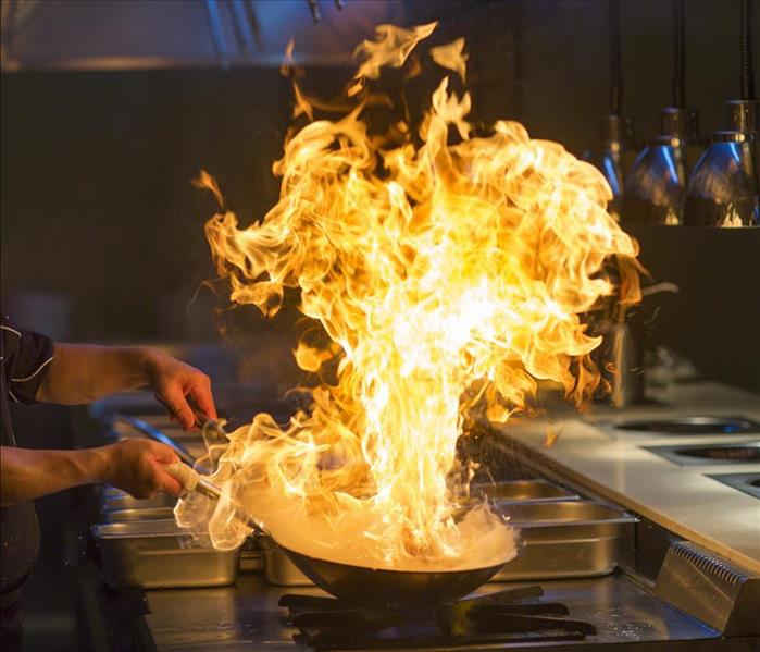 Large flames rising out of a frying pan. 